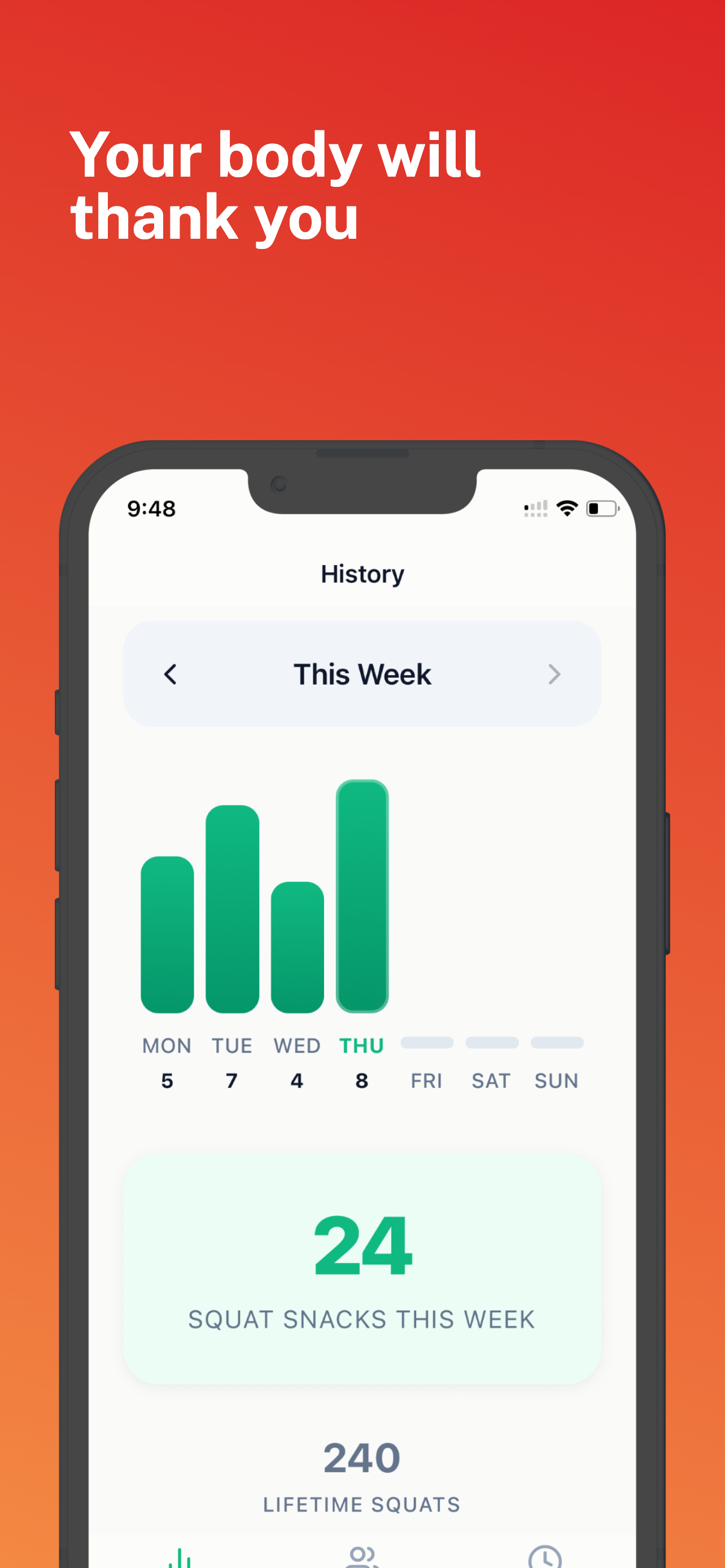 SquatClock history screen showing weekly progress