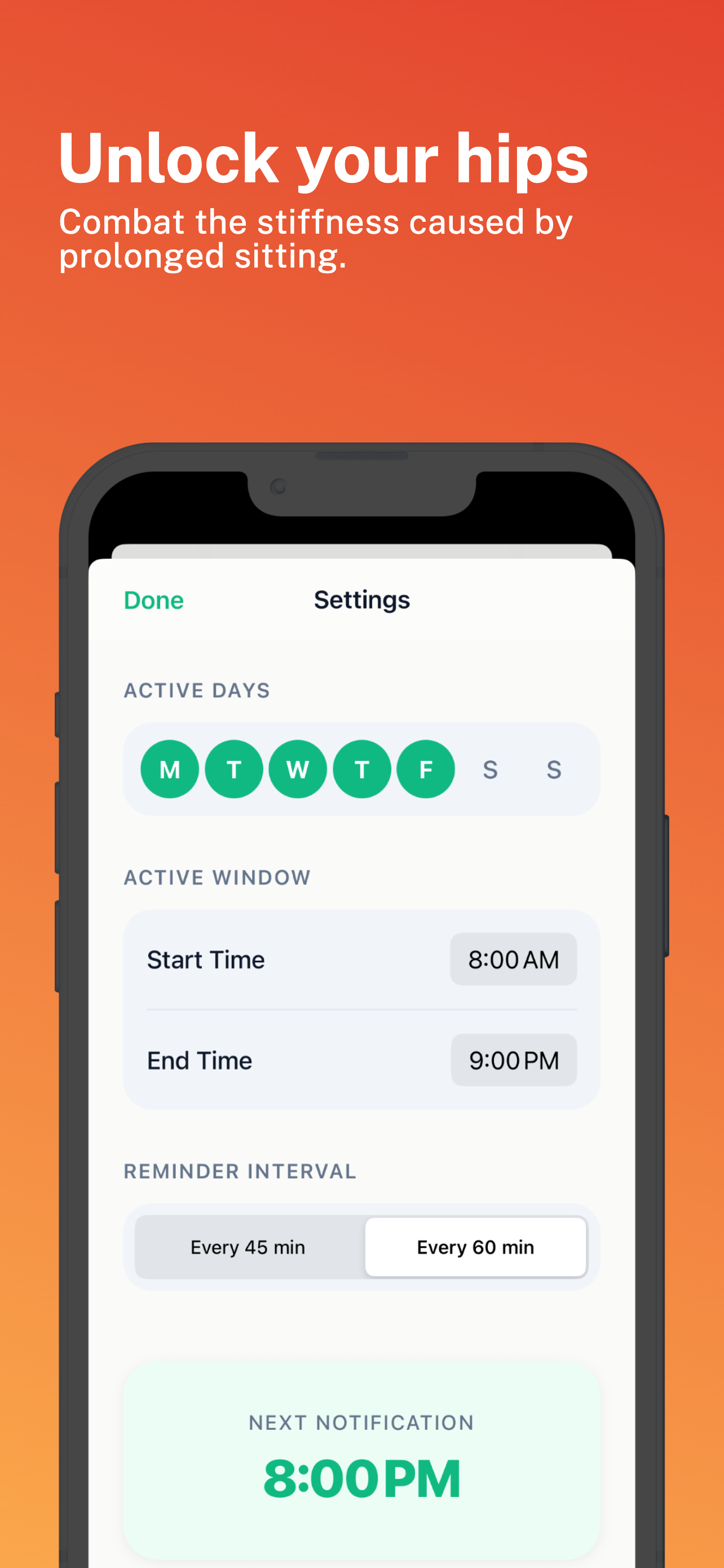 SquatClock settings screen showing schedule configuration